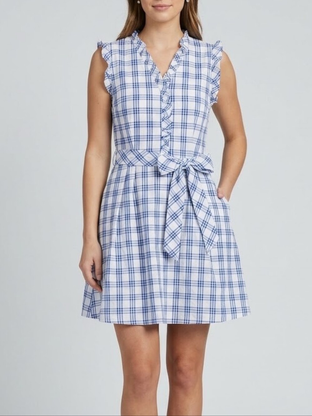 Be by CHETTA B Blue & White Plaid Ruffle Sleeveless Tie-Waist Dress - Size 8